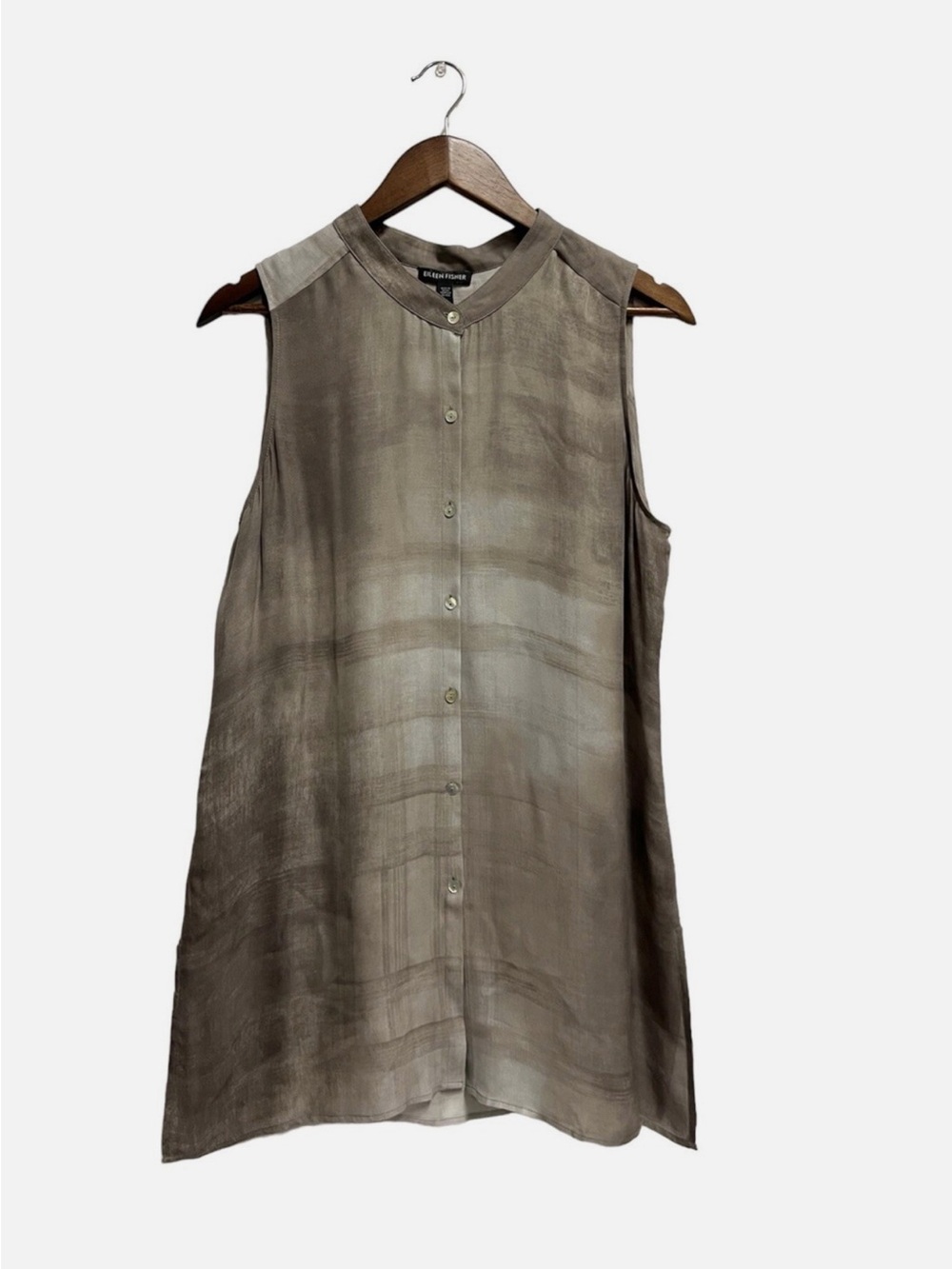 Eileen Fisher 100% Silk Oxidized Printed Silk Georgette Bone Shirt Size M